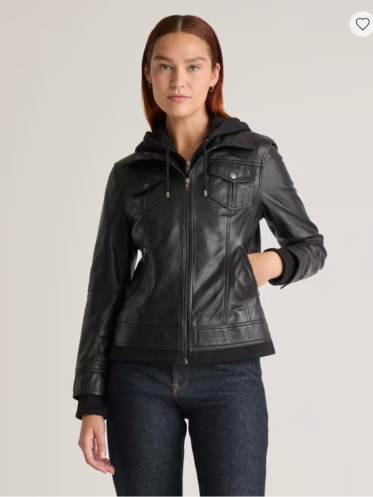 Women’s Quince Black Leather Jacket With Hoodie, Xs